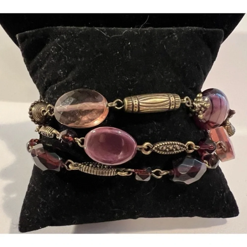 Premier Designs PURPLE IRIS Purple Plum Beaded Three Strand Bracelet New #061